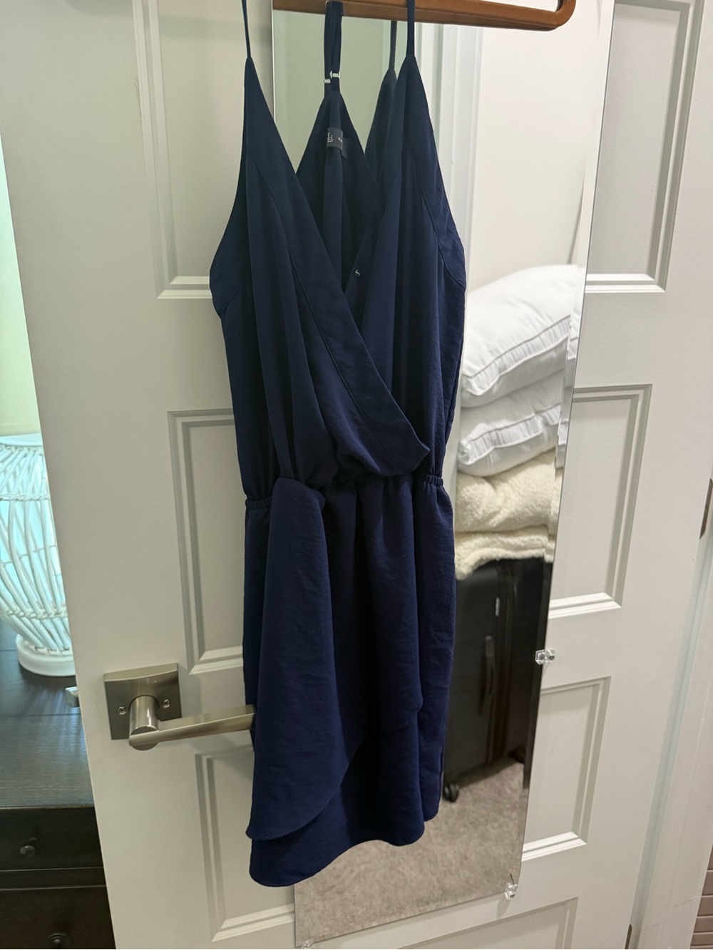 Navy Wrap-Front Spaghetti Strap Dress
